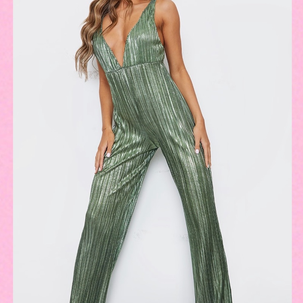 Pretty Little Thing Green Wide Leg Metallic Jumpsuit